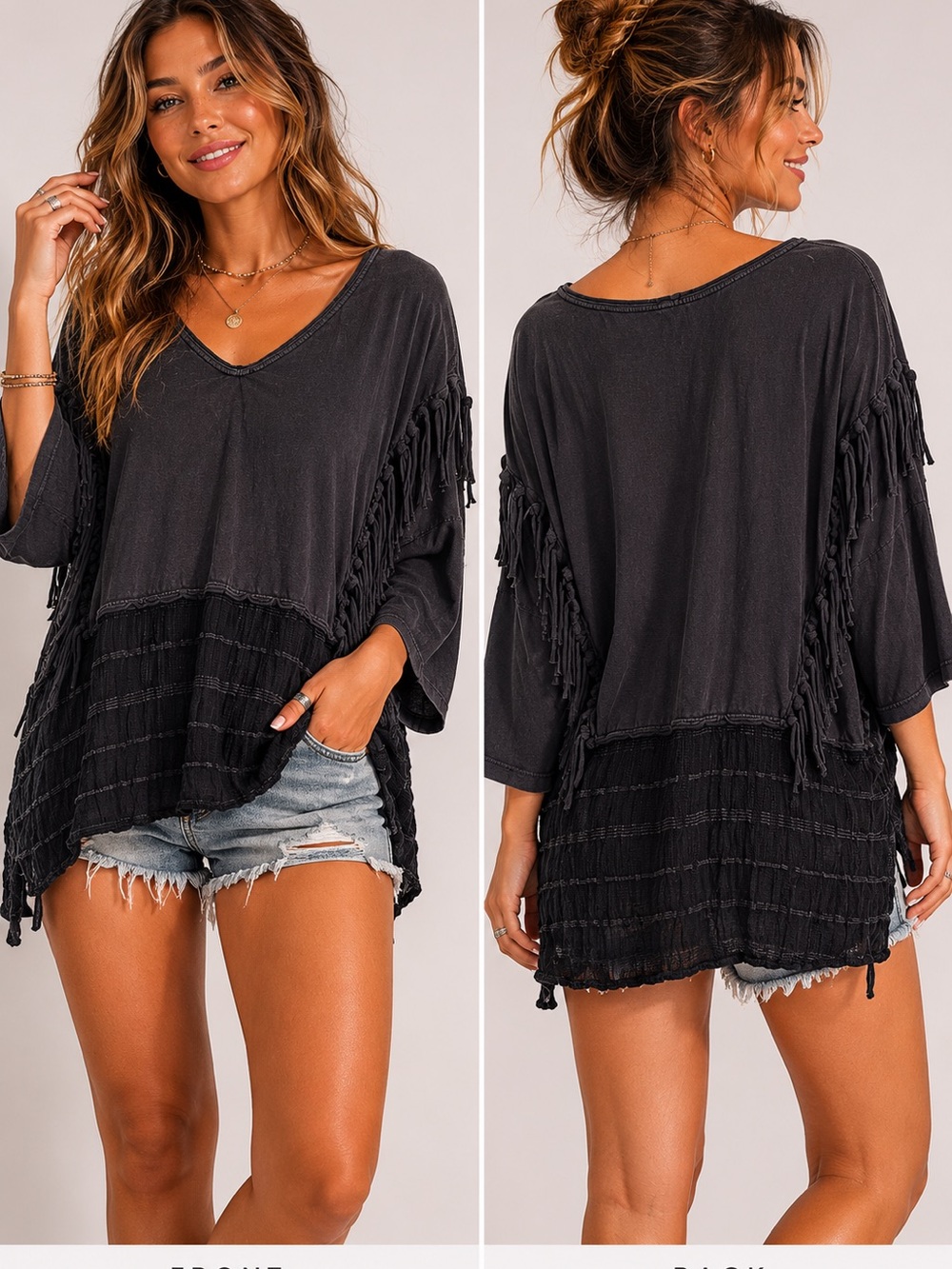 Oversized! Free People Black Washed Fringe V-Neck Tunic